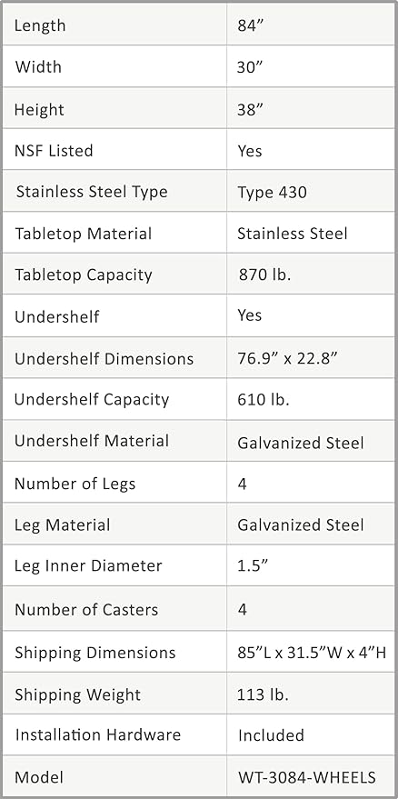 AmGood 84" Long x 30" Deep Stainless Steel Table with Casters