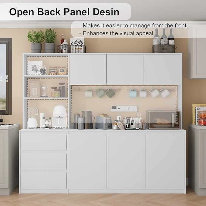 Extra Large Kitchen Pantry with Microwave Shelf, Kitchen Hutch Storage Cabinet with Countertop, Freestanding Countertop Cabinet with 3 Drawers and 3 Open Shelves, White