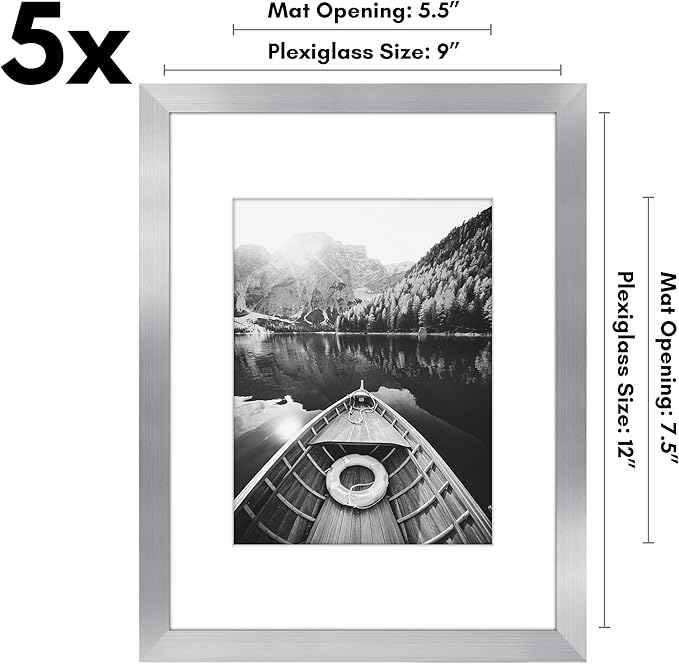 Americanflat 9x12 Picture Frame with Polished Plexiglass - Set of 5 - Use as 6x8 Frame with Mat or Display 9x12 Photo Without Mat - Galleria Collection - Picture Frames for Wall Display - Silver