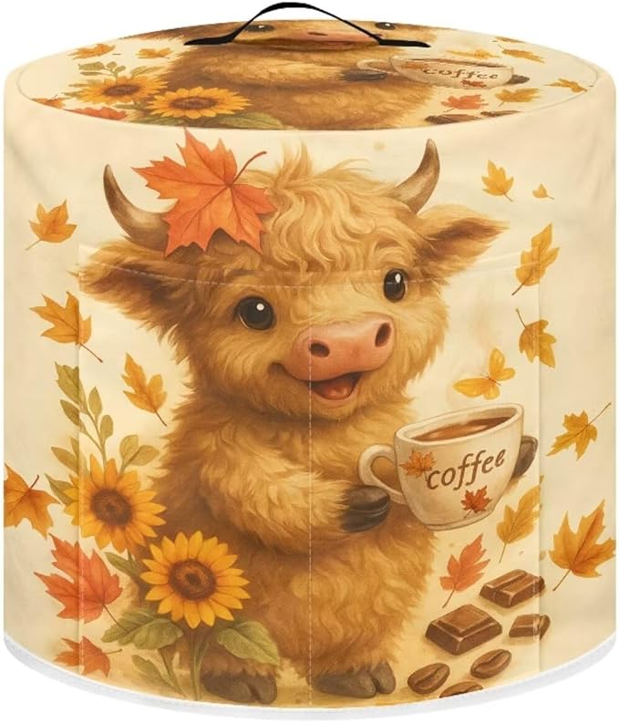 Thanksgiving Day Decor Kitchen Appliance 6 Quart Pressure Cooker Air Fryer Rice Cooker Dust Cover with Top Handle and Storage Pocket Maple Leaf Cute Highland Cow