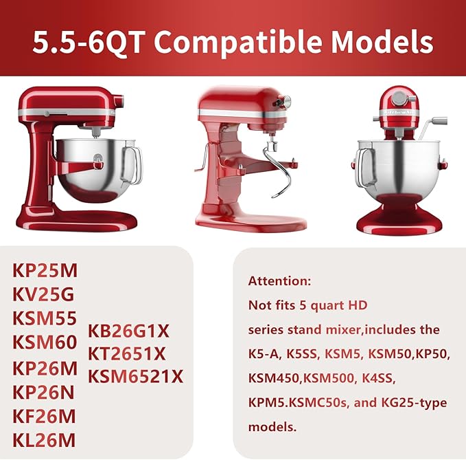 Stainless Steel 3 Piece kit Attachments for KitchenAid Stand Mixer and 5.5-6 Quart Bowl, Dishwasher Safe (5.5-6QT Flat Beater, 6QT Dough Hook, KN256 6-Wire Whip Attachment)