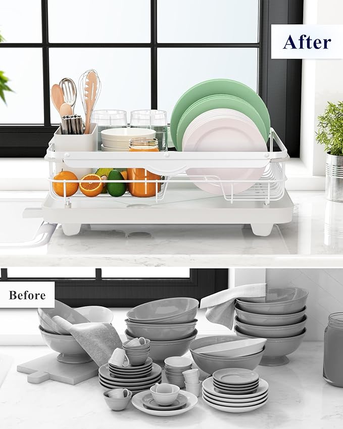 Kitsure Dish Drying Rack for Kitchen Counter, Stainless Steel Sink Organization and Storage Essentials with Cutlery Holder, Home and Appartment Decor, 12.2''W x 15.7''~23''L, White