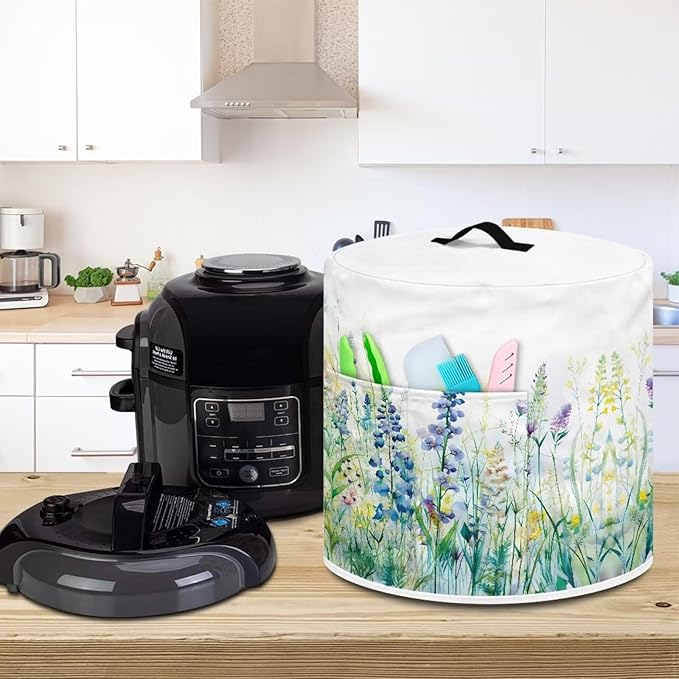 Insulated Pressure Cooker Appliance Cover, Also Fit for Rice Cooker, Air Fryer and Crock Pot, 6 Qt Dust Cover with Pocket for Spoon/Cooking Utensils/Recipes, Blue Green Floral