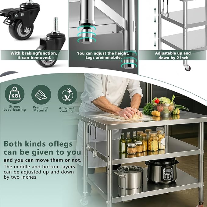 Stainless Steel Table with Wheels for Food Preparation and Work, Multi-Size Optional, Three-Layer Variable Two-Layer Metal Commercial Workbench Outdoor, Restaurant, Kitchen (24" Lx24 Wx35 H)