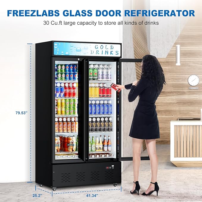 Commercial Beverage Refrigerator, 30 Cu.ft. Fridge Display Glass Door Upright Display Door with Adjustable Shelves LED Light for Restaurant,Grocery Stores,Office