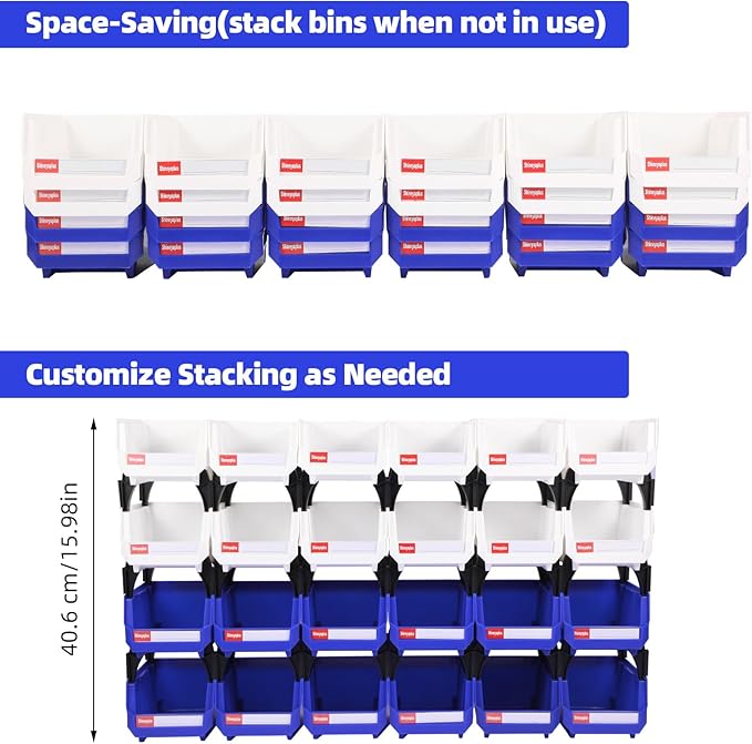 Stackable Storage Bins 24 Pack (5x4x3 Inch), Plastic Stackable Storage Organizer Bins Wall Mounted Hanging Small Parts Bin for Garage, Workbench & Office (Blue & White)