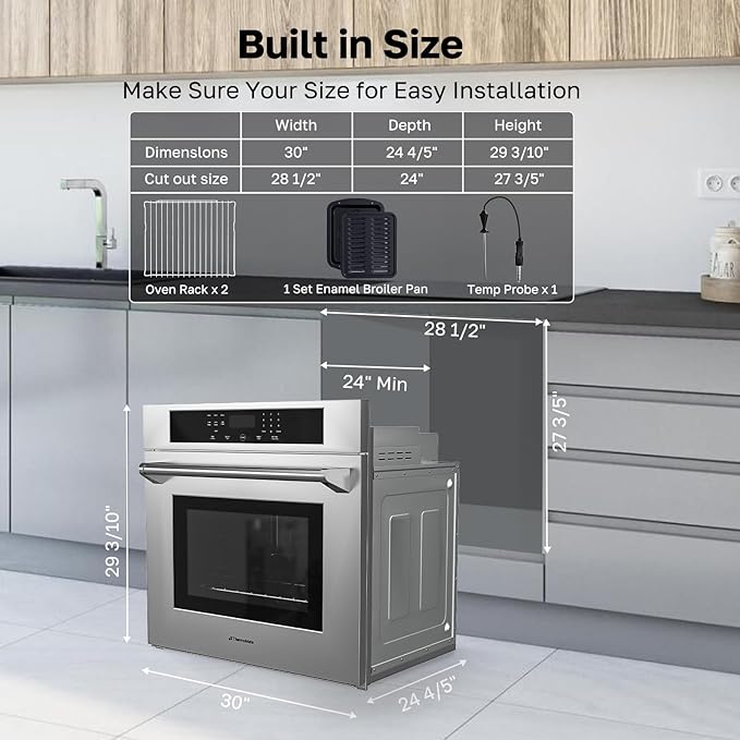 30" Electric Wall Oven with Self-cleaning, CSA Certified, ThermoMate 4.8 Cu.Ft Bilt-in Wall Oven with 8 Functions, 3800W Convection Wall Ovens, Touch Control, Safety Lock, Stainless Steel