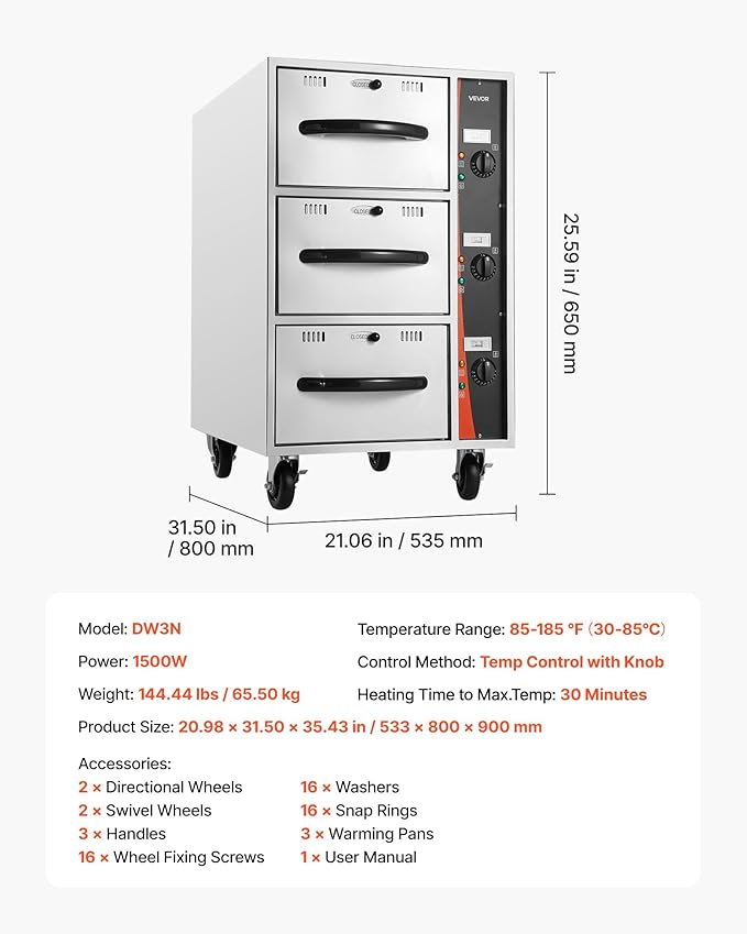 VEVOR Commercial Electric Drawer Warmer, Three-Drawer Stainless Steel Food Warmer, Freestanding Compact Warming Drawer Cabinet, 85°F–185°F Wide Temperature Range, for Restaurant, Hotel Buffet & Bakery