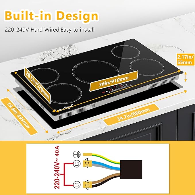 36 Inch Built-In Induction Cooktop, 5 Burner Electric Stove Top, 10800W 240V Hardwired, Touch Control with Power Boost, 9 Levels, Timer, Child Lock & Residual Heat Indicator
