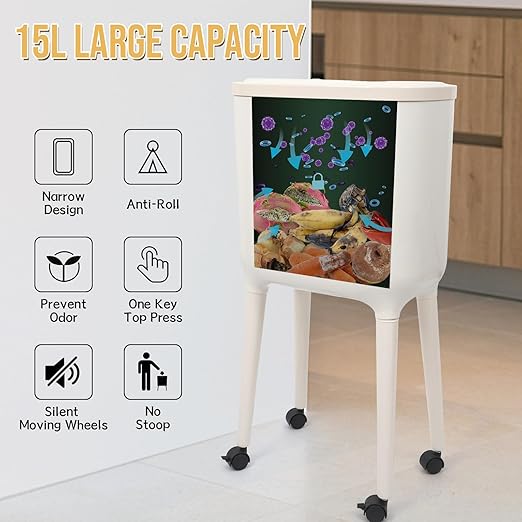 XPIY 4 Gallon Trash Can with Wheels and Lid, Modern Narrow Garbage Can with Raised Legs, Space-Saving Rolling Dog-Proof Trash Bin for Bathroom, Kitchen, Bedroom, Office (1, White-1)