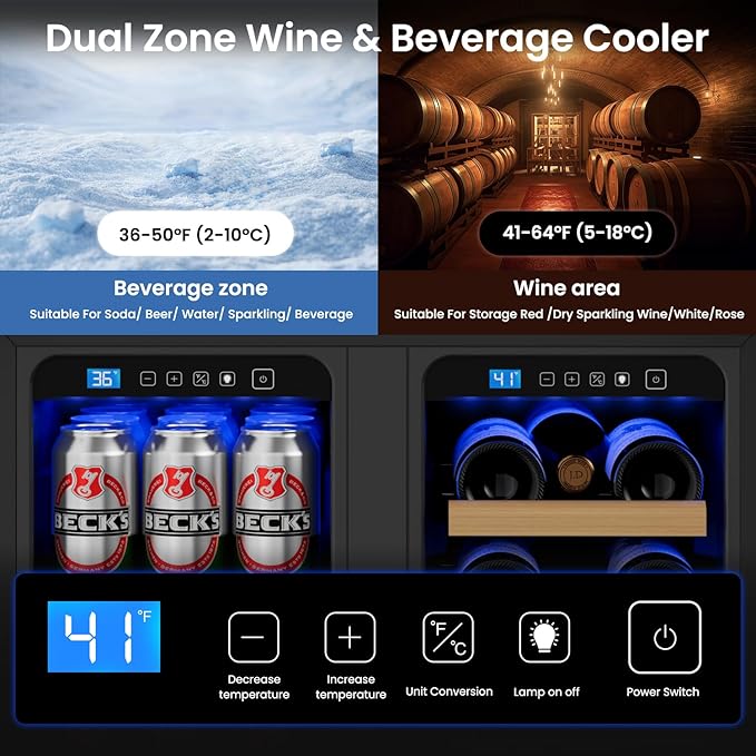 Wine and Beverage Refrigerator 24'', Dual Zone Wine Fridge Built in or Freestanding, Beverage Cooler with Glass Door holds 21 Bottles and 88 Cans, Upgrade Cooling Low Noise for Kitchen, Bar, Office