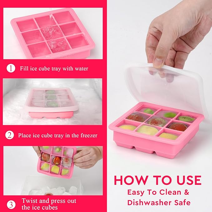 Silicone Ice Cube Tray with Lid,9x1.3 inch,Small Ice Cube Trays for Freezer | Mini Ice Cube Trays-Nugget Ice Tray with lid for Mini Fridge with Freezer for Coffee,Baby Food,Pink ice tray