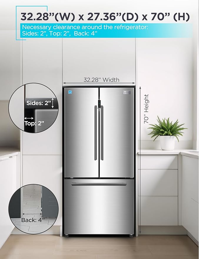 BLACK+DECKER 18 Cu. Ft. French Door Refrigerator with Built-in Ice Maker, Full Size Refrigerator with Bottom Mount Freezer Drawer, Frost Free, ENERGY STAR certified, BRF1800GIMS, Stainless Look