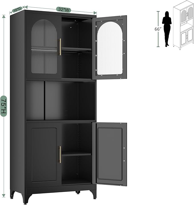75" Metal Kitchen Pantry Storage Cabinet,Kitchen Hutch Food Pantry Cabinet with Microwave Stand,Freestanding Larder Cupboard with Doors and Adjustable Shelves for Bathroom