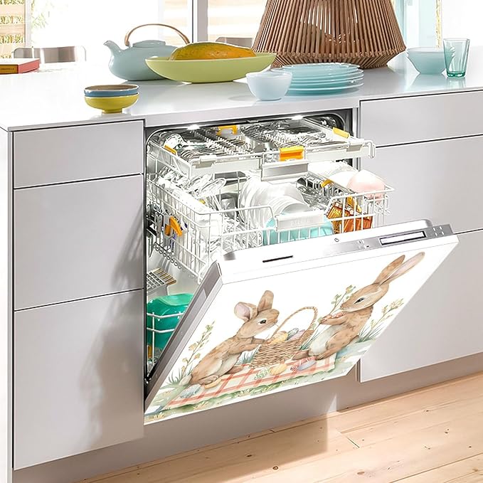 Dishwasher Magnet Cover, Easter Rabbits Picnic Magnet Sticker Fridge Panel Decal for Home Kitchen Decor, 23x26in