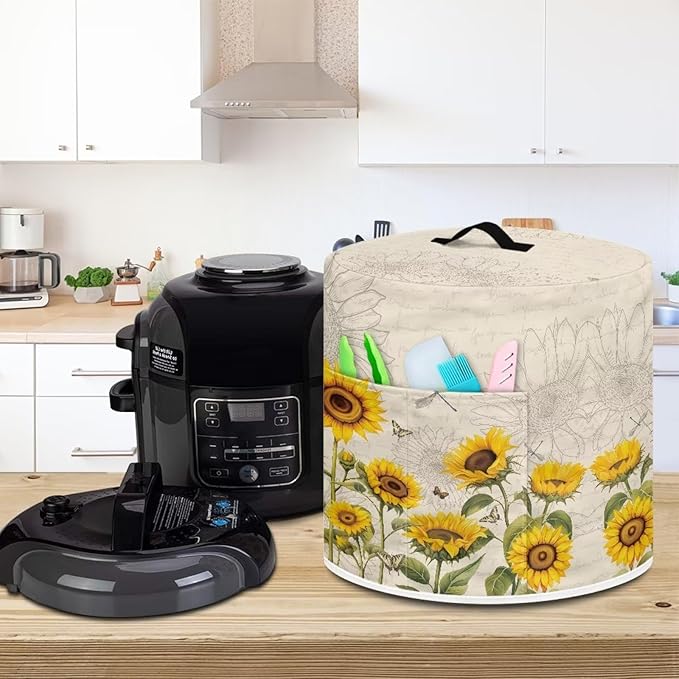 Air Fryer Pressure Cooker Dust Cover, for 6 Qt Kitchen Appliance Cover, with Top Handle and Accessories Pockets for Home Decoration, Sunflower Dragonfly Retro