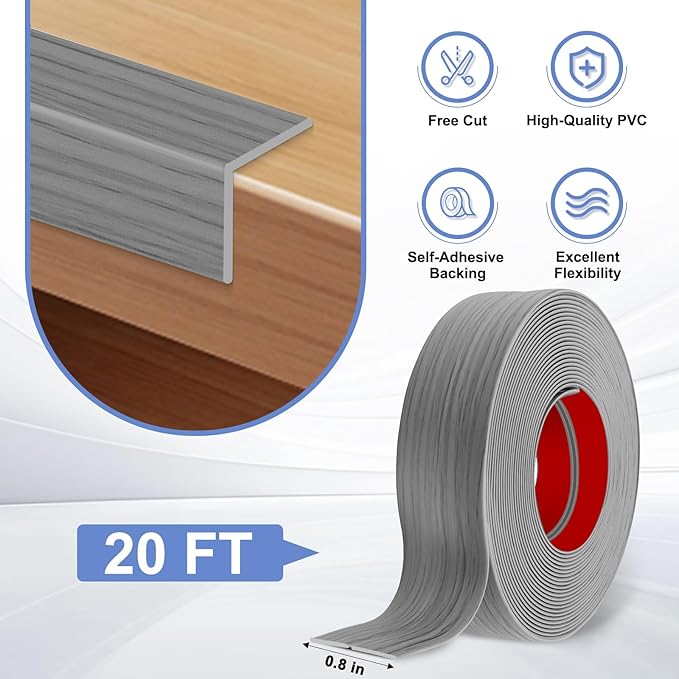 Wall Corner Protector Moulding Trim Peel and Stick Wall Corner Guards Trim Flexible Self Adhesive Edge Protector Moulding, 0.8 in x 20 Ft, Light Gray Wood