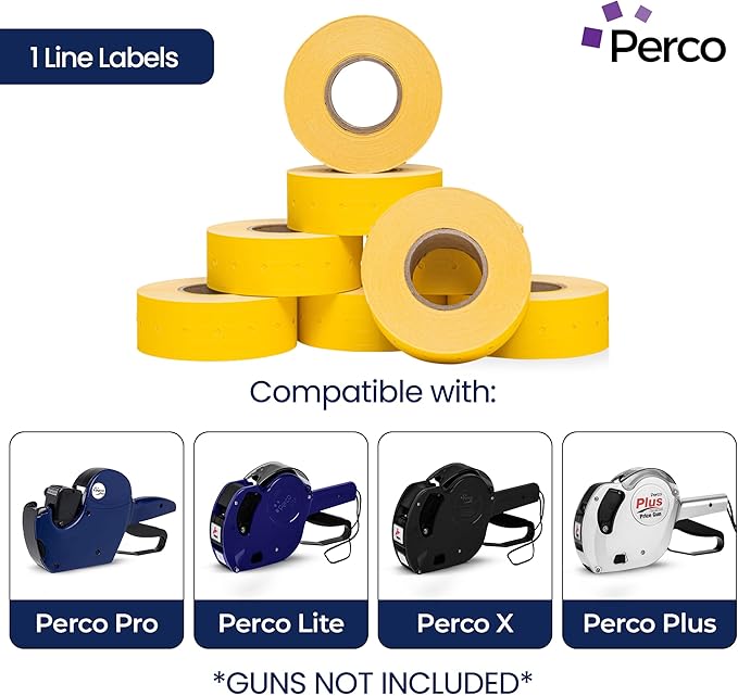 Perco 1 Line Yellow Labels - 8 Rolls, 1 Sleeve, 8,000 Blank Price and Date Gun Labels for Perco 1 Line Price and Date Guns - Made in USA