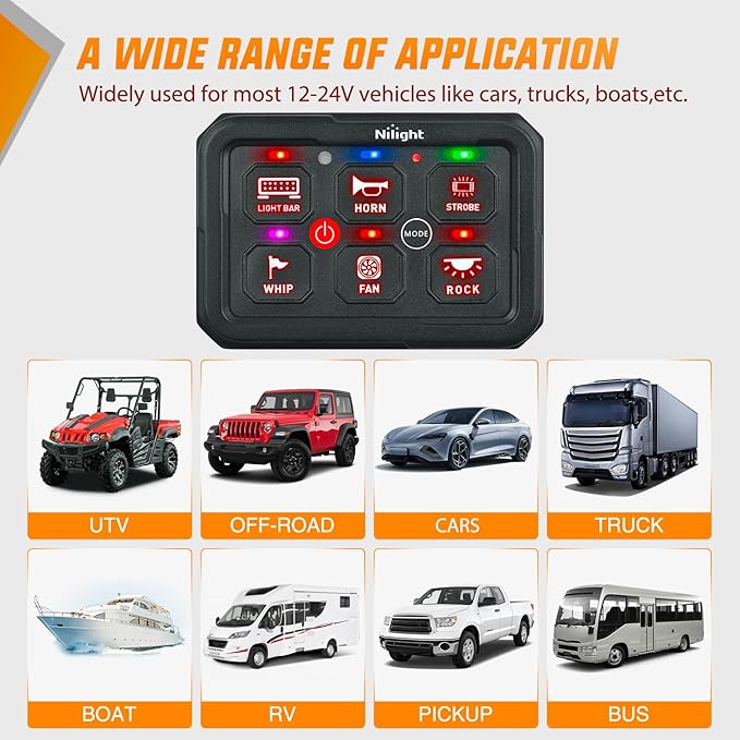 Nilight 6 Gang Switch Panel Red Circuit Control Relay System with Fuse Wiring Harness Toggle Momentary Strobe Flash Modes Automatic Dimmable ON Off Pod 12V 24V for Car Truck Camper SUV