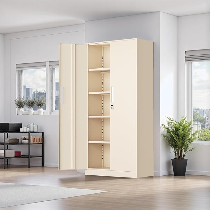 Oakmont Metal Storage Cabinet for Tool Organization, 72" Lockable Garage Storage Cabinets with 2 Doors and 4 Adjustable Shelves, Locking File Cabinet for Office, Home, School (72“ Standard-Ivory)
