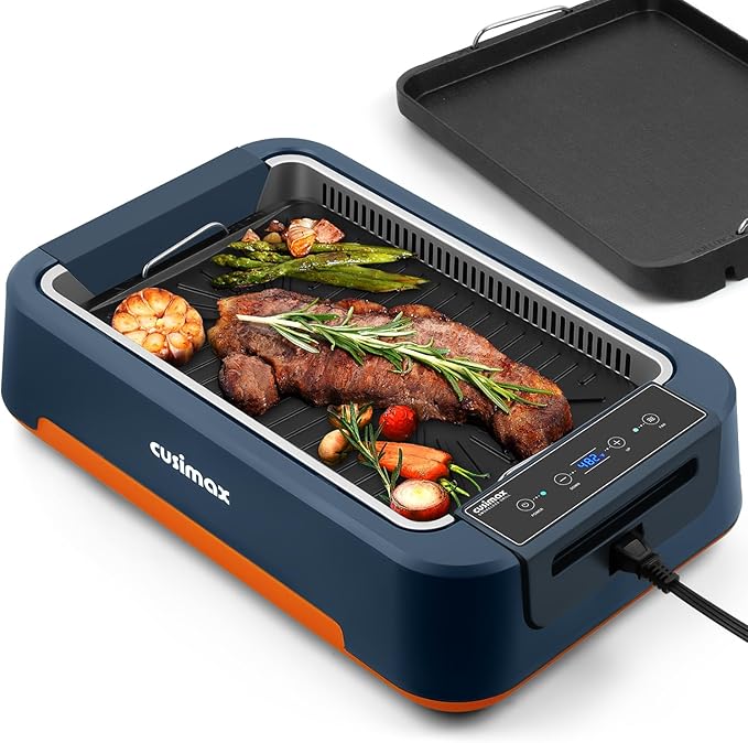 Electric Grill, CUSIMAX Smokeless Indoor Grill & Griddle, Electric Korean BBQ Grill with Turbo Smoke Extractor & REPLACEABLE Filter Sponge, Smart LED Display, Larger Grilling Area, 1500W(New Model)