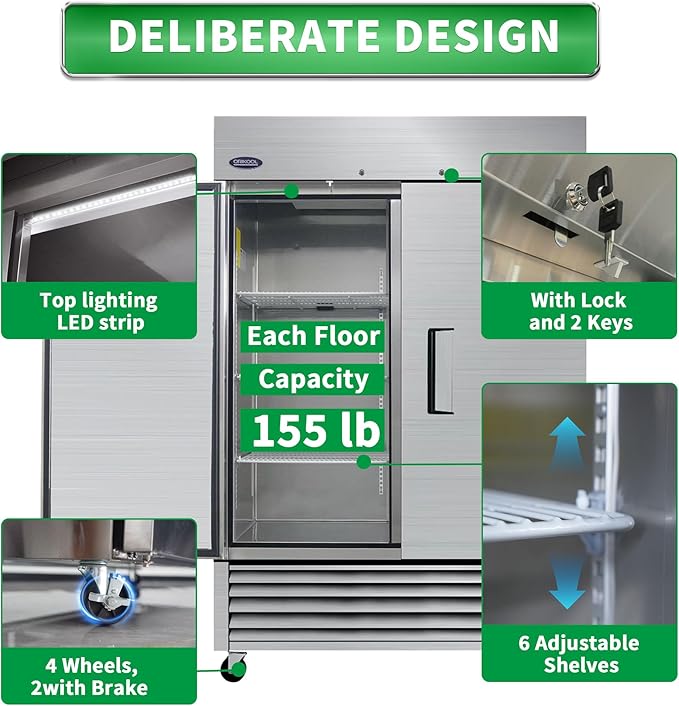 54" Commercial Upright Freezer with 2 Solid Door, 46 Cu.Ft Stainless Steel Reach-in Freezer, -10℉ ~ 10℉, Fan Cooling Freezer with 6 Shelves for Restaurant Bar Garage, ETL and DOE Approved