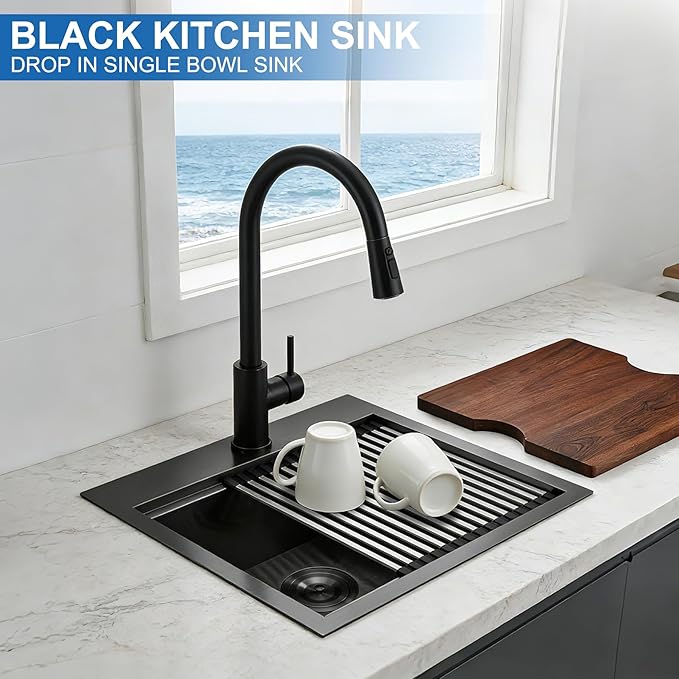 Scamall 15x17x9 Drop In Kitchen Sink Workstation, Nano Black 304 Stainless Steel Deep Single Bowl with Quick Drainage & Tarnish-Free Surface for Bar, Laundry, RV, Includes Accessories