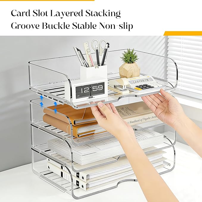 HIYOHIYO 4 Tier Clear A4 Paper Organizer, Acrylic Desktop Organizer for A4 File, Stackable Papers Tray for Office, Large Capacity Desk Letter Holder, Stackable Paper Storage Rack, Horizontal Style