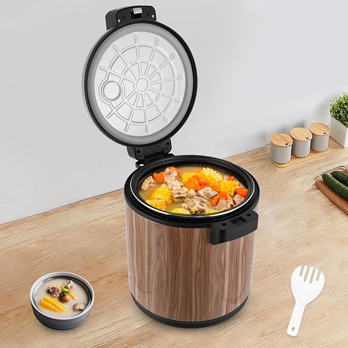6-Gal Electric Rice Warmer | Two Temperature Settings | 110V 110W Commercial Food Warmer with Flip Lid & Rice Spoon for Parties, Festival Banquets, Catering (Wood Grain/American plug 110V)
