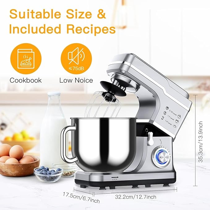 7.5QT Stand Mixer, 660W Powerful Electric Dough Mixer, 10-Speed Tilt-Head Kitchen Mixer with Stainless Steel Bowl, Whisk, Dough Hook, Beater, Splash Guard, Easy Clean, for Baking & Cooking