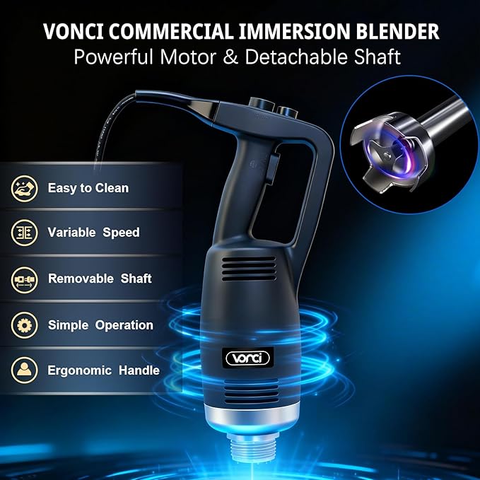 VONCI 750W Commercial Immersion Blender, Electric Hand Blender with 16" Detachable Shaft, Variable Speed 8000-19000RPM,Industrial Immersion Blender for Restaurant Kitchen.Extra Heavy Duty Hand Mixer.