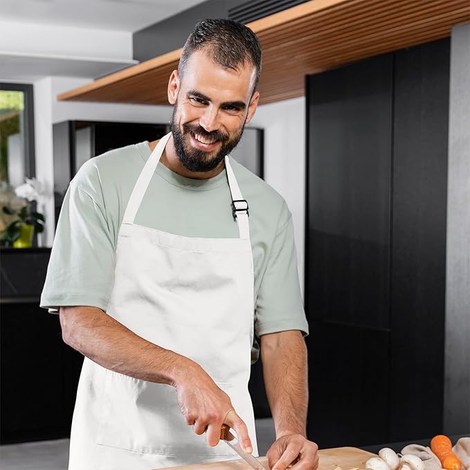 Adjustable Bib Apron 100% Polyester Kitchen Aprons Waterdrop Resistant Aprons with Adjustable Strap, Pockets & Long Ties
