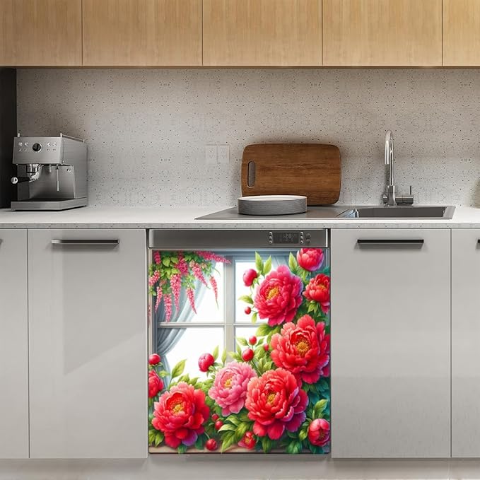 Dishwasher Magnet Cover Flower Red Beautiful Dishwasher Decorative Cover Front Dishwasher Door Cover Reuseable Dishwasher Cover Panel Decal for Kitchen Refrigerator Home Appliances 23" X 26"