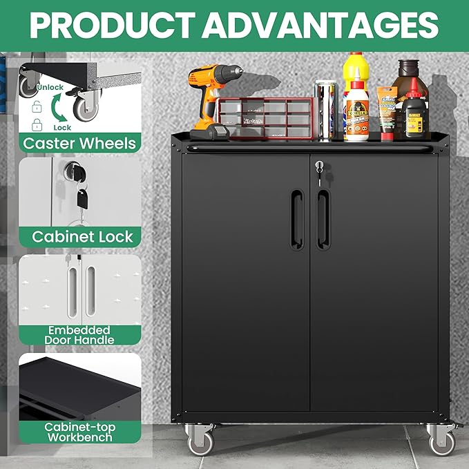 Garage Cabinets,Metal Garage Storage Cabinet with Wheels,Black Lockable Rolling Tool Cabinet with Drawer and Adjustable Shelves,Heavy Duty Tool Chest for Home Office Utility Room