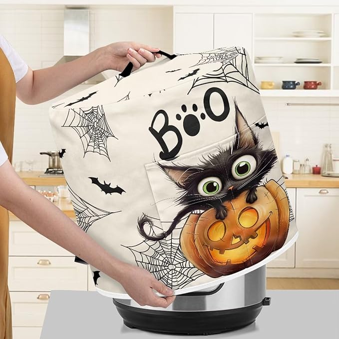 Kitchen Appliance Dust Cover for Portable Air Fryer Round Protective Bag with Top Handle and Storage Pocket 6 Quart Pressure Cooker Cover Halloween Cute Black Cat