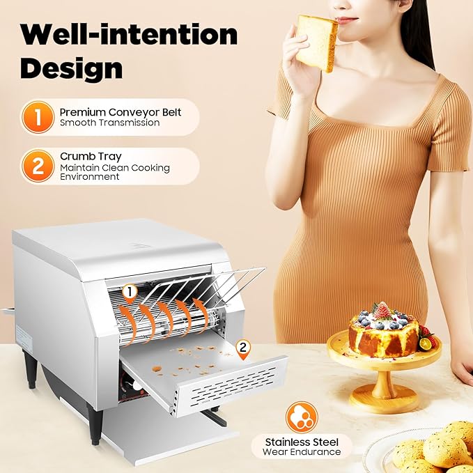 Commercial Conveyor Toaster-300 Slices/Hour, 2200W Stainless Steel Toasters with Double Heating Tubes & Adjustable Speed, Toaster Ovens Countertop for Raditional White Slices, Wheat Bagel Halves
