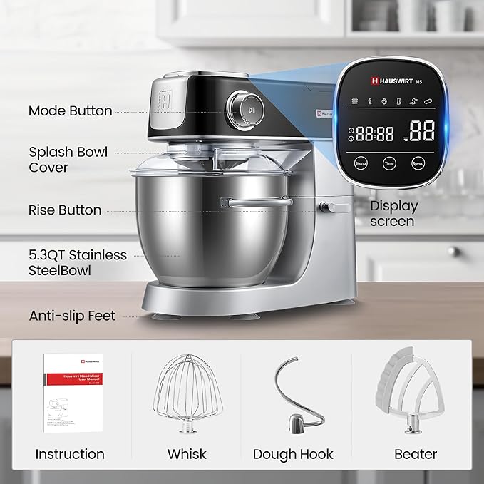 Hauswirt High-End Smart Stand Mixer M5, LED Touchscreen Mixers Kitchen Electric Stand Mixer with 5 Preset Menus, 5.3Qt Dough Mixer, 11speeds Kitchen Mixer with Egg Whisk, Dough Hook, Beater, Black