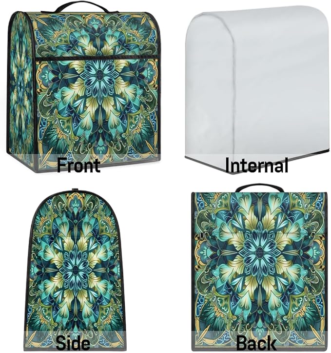 Kitchen Aid Mixer Cover Turquoise Mandala Flower Stand Mixer Cover Compatible with 6-8 Quarts Stand Mixers, Dust Covers with Zipper Pocket Foldable Washable Kitchen Aid Organizer Bag