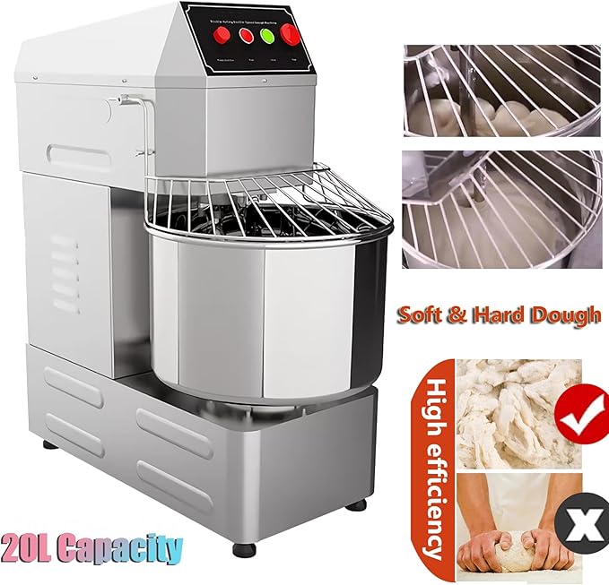 INTSUPERMAI Commercial Dough Mixer Machine Electric Food Mixer with Double Action Double Speed Spiral Mixing for Schools Bakeries Restaurants Pizzerias 110V 20L Capacity