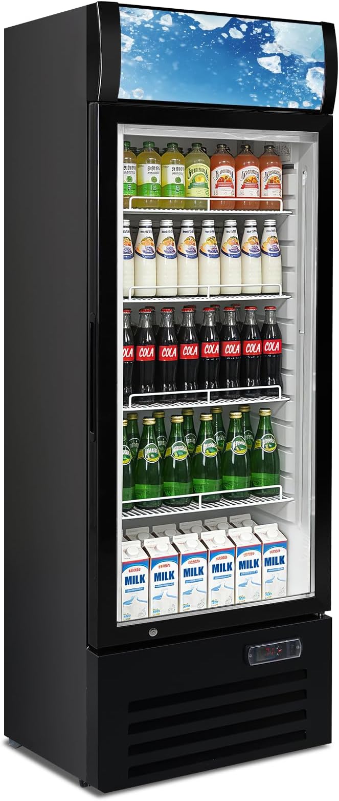 12.5 Cu Ft Commercial Beverage Refrigerator with 1 Glass Doors - Upright Drink Cooler Merchandiser with LED Light Display, 4 Adjustable Shelves, Black, ETL Approved for Business & Retail