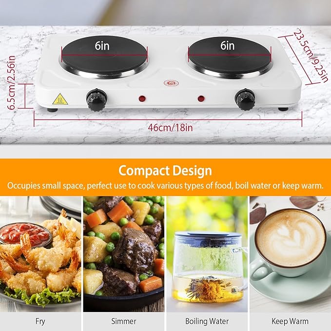 2000W Double Burner Electric, Portable Hot Plate for Cooking, Cooking Stove with 5 Temperature Adjustments, Countertop Burner Cooktop for Kitchen, Dorm (White, 17x8x3")