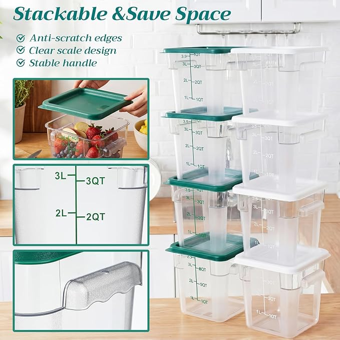 Lallisa 8 Pack 4 Qt Clear Food Storage Container with Handles and Lid Commercial Grade Square Food Containers with Lids Polycarbonate Storage Container for Home Kitchen Restaurant (White and Green)