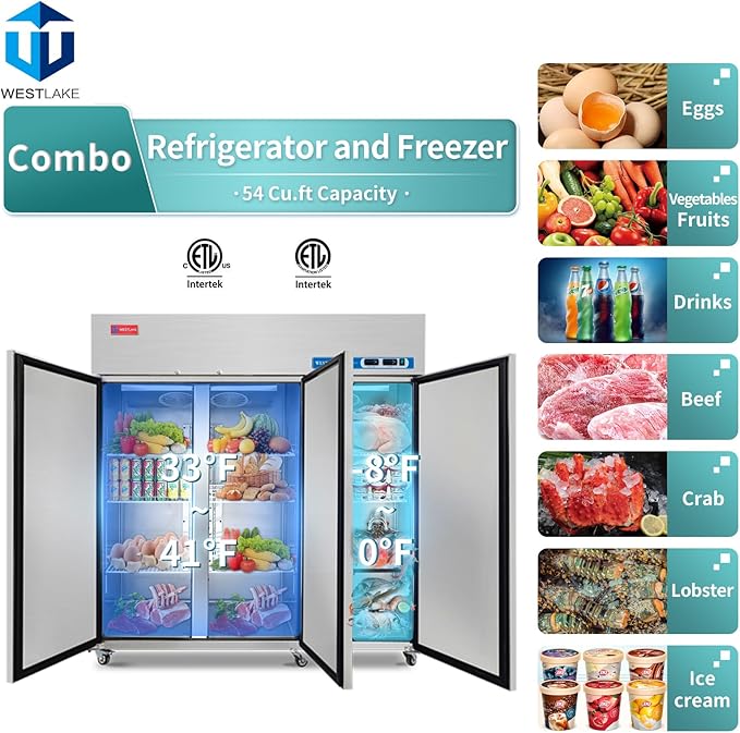 WESTLAKE Commercial Refrigerator and Freezer Combo 72" W 3 door 3 Section Stainless Steel Reach in Solid door Fan Cooling 54 Cu.ft Refrigerator and Freezer Combo for Restuarant, Bar, Shop, etc