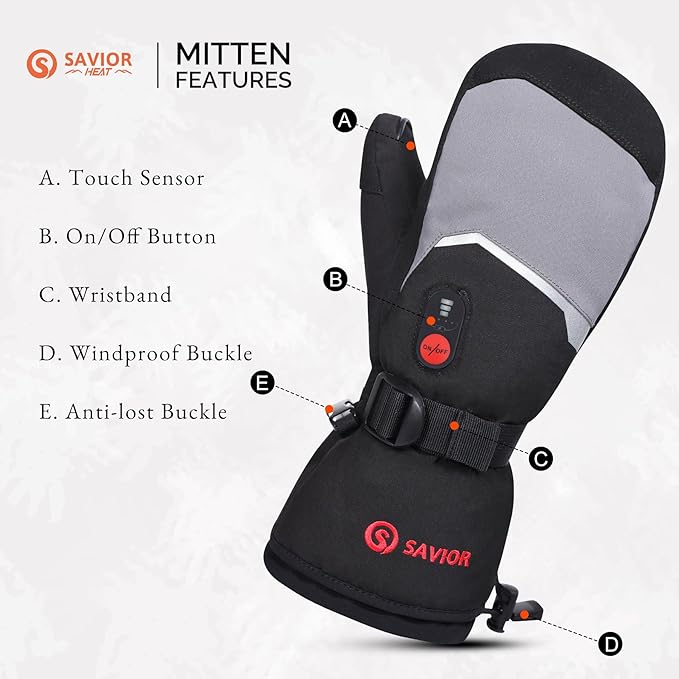 SAVIOR HEAT Heated Mittens Battery Ski Gloves, Upgraded Electric Rechargeable Mitts for Skiing Camping Hiking Arthritis Hands Men Women