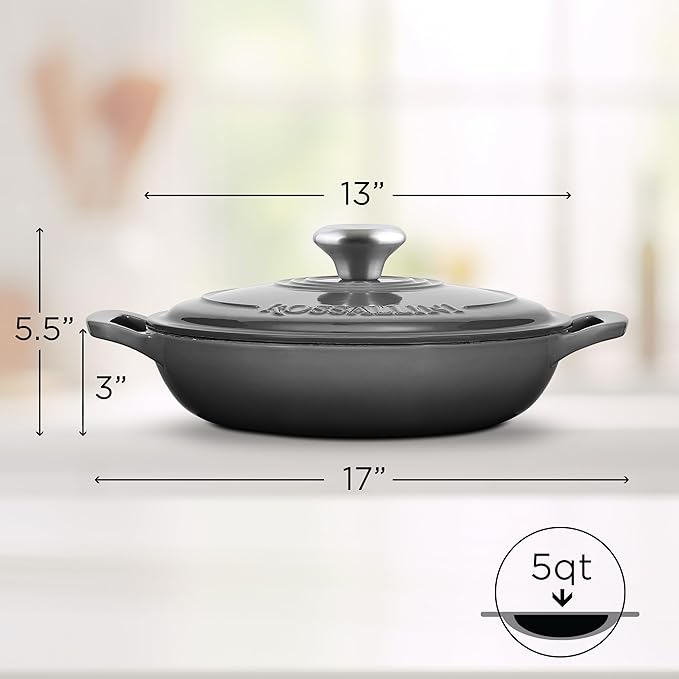 Signature Enameled Cast Iron Braiser, Non-Stick Serving Pot with Tight Fitting Lid for Perfect Roasting, Baking, Sauteing, Searing, and Pan Frying | 5Q (4.7L) - Oyster Grey