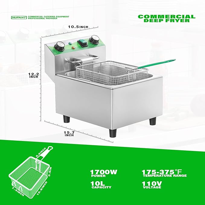 Electric Deep Fryer with Timer 10L/10.6QT Commercial Deep Fryer with Basket and Lid, Temp Control, 1700W/110V Stainless Steel Single Oil Fryer Countertop Fryer for Home and Restaurant Use