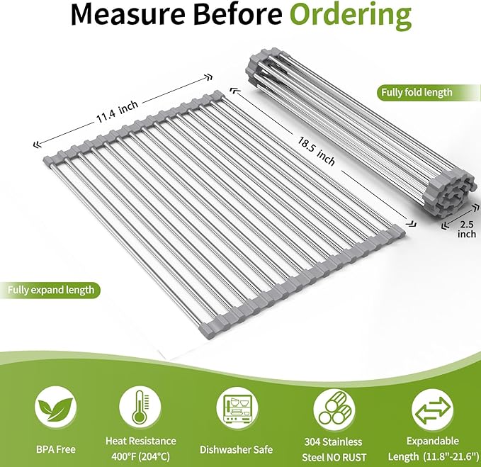 Foldable Over Sink Dish Drying Rack - Stainless Steel Sink Drain Rack with Silicone Edges, Roll-Up Storage for Kitchen, RV, Dorm Sinks (18.5×11.4in)