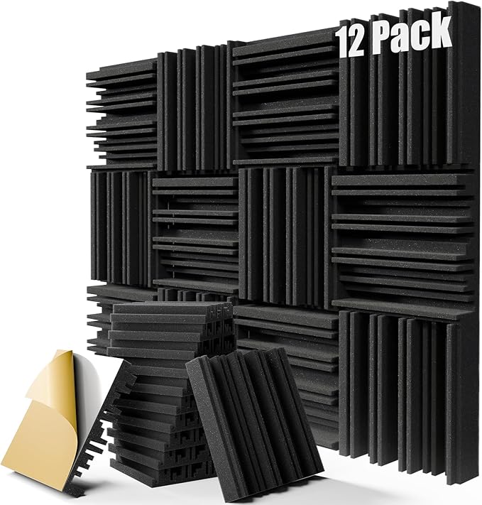 12 Pack Sound Proof Foam Panels for Walls, 12" x 12" x 2" Self-Adhesive Acoustic Panels, High-Density Soundproof Wall Panels for Studio Home and Ceilings (Black)