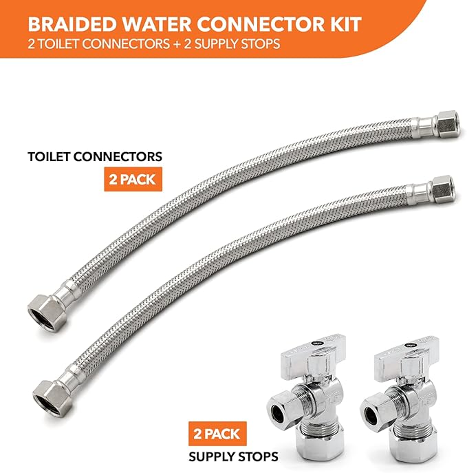 Stainless Steel Braided Water Connectors for Faucets, 3/8" Compression x 1/2" FIP, 16" Length (2Pack) + Supply Stop Valves, 5/8" x 3/8" Compression (2Pack)
