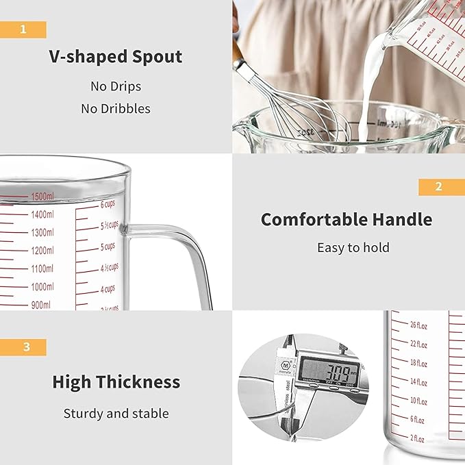Luvan 6 Cups Glass Measuring Cup, Easy to Read with 3 measurement scales (Ml/Oz/Cup), Insulated Handle and V-shaped Spout, High Borosilicate Glass Measuring Cup, Ideal for Kitchen or Restaurant
